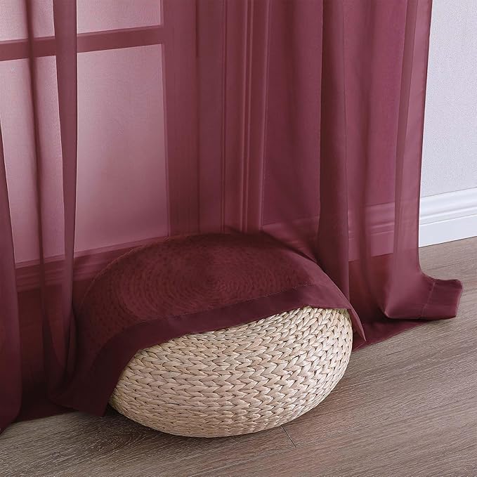 OVZME Burgundy Bedroom Curtains 96 Length for Farmhouse, 59 Inch Extra Wide Light Filtering Voile Drapes Light Airy Window Decor for Patio Door Living Room Bedroom Dining, 59Wx96L Inches