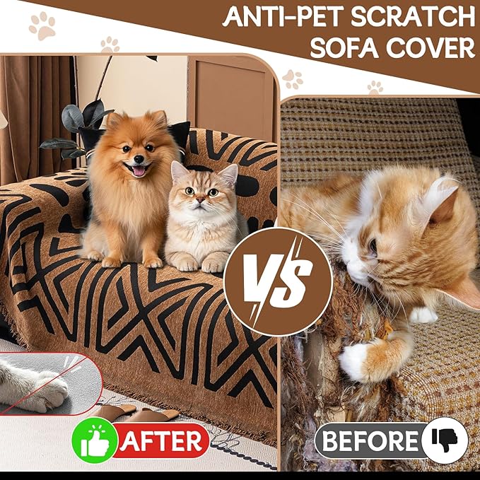 HANDONTIME Boho Couch Cover Geometric Striped Pet Covers for Couches and Sofas Copper Brown and Black Dog Cover for Couch Pet Friendly Chenille Sectional Sofa Covers for Pets Washable, 71" X 118"
