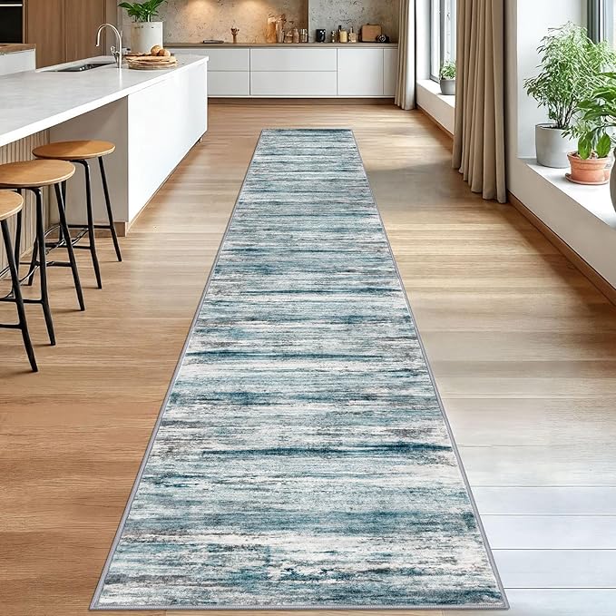 KOZYFLY Modern Abstract Hallway Runner Rug, 2.6x16 Washable Rug Runner Non-Slip Soft Striped Kitchen Runner Rugs, Print Blue Carpet Runner for Stair Entryway Bathroom Laundry Room Foyer