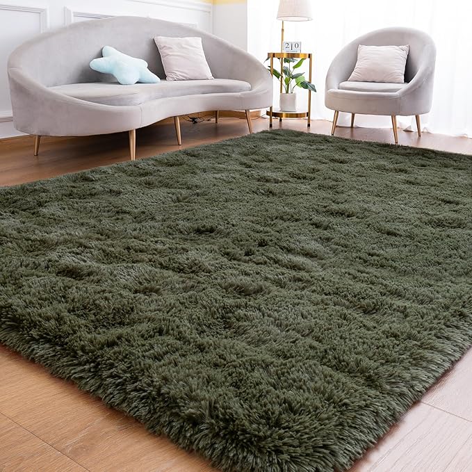 Goideal Fluffy Rug for Bedroom Living Room, 3x5 Olive Green Area Rugs, Faux Fur Shag Modern Carpet Ultra Soft Girls Boys Room Home Decor, Solid
