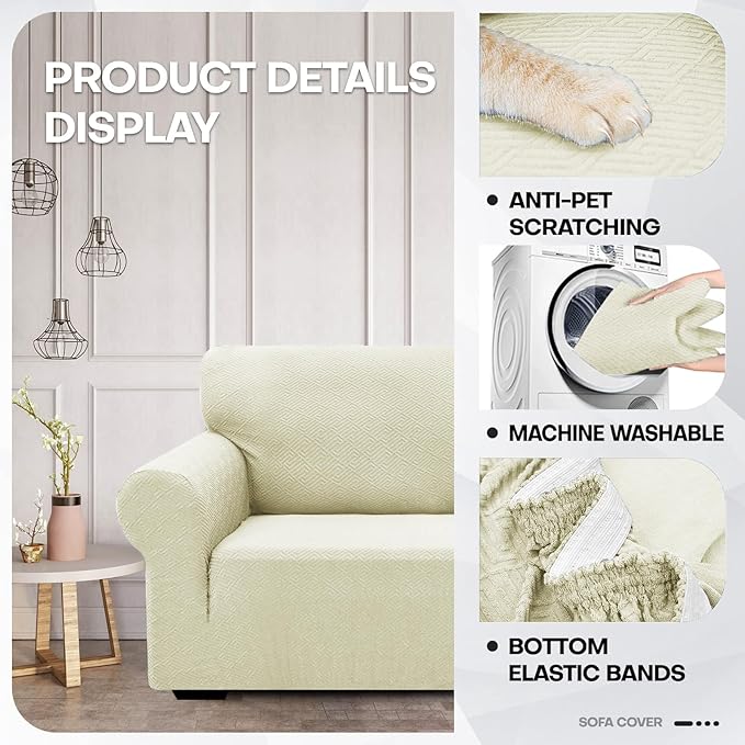 ZNSAYOTX 1 Piece Jacquard Couch Covers for 3 Cushion Couch Living Room High Stretch Sofa Cover Pets Dogs Friendly Anti Slip Thickened Slipcovers Furniture Protector (Large,New Pattern Light Beige)