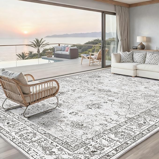 Grey White Area Rugs 10x14 Living Room, Non Slip Machine Washable Floral Rugs, Low Pile Lightweight Large Rug for Bedroom, Dining Room, Home Office(10 x 14, Grey White)