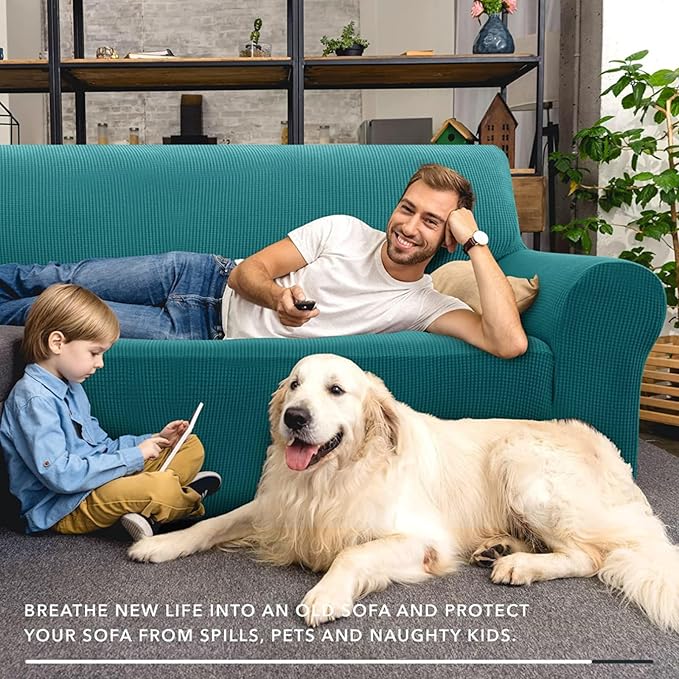 ZNSAYOTX Super Stretch Couch Cover Love Seat Sofa Covers for Living Room Dogs Pet Friendly Furniture Protector Spandex Loveseat Slipcovers with Anti Slip Foam Sticks (Peacock Teal, Loveseat)