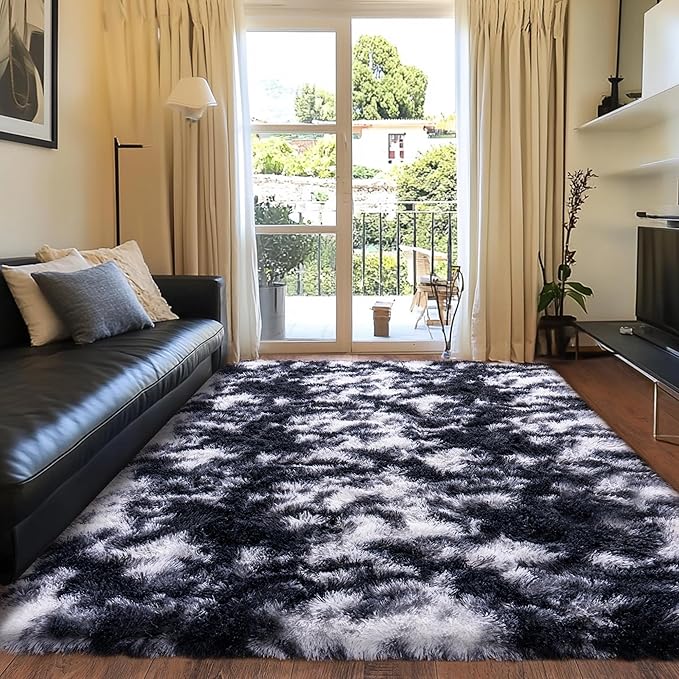 Rugs for Living Room 10x14, Soft Shaggy Modern Shag Area Rug for Bedroom, Upgrade Non-Slip Plush Fluffy Carpet for Kids Boys Girls Room Home Decor Aesthetic,Black and White