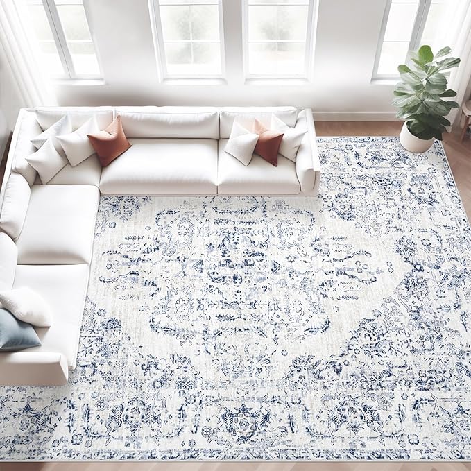 8x10 Area Rugs for Living Room: Washable Rug Vintage Large Rugs Soft Non Slip Low Pile Rug Floral Distressed Floor Carpet for Bedroom Kitchen Nursery Dining Room Home Office (Blue, 8'x10')