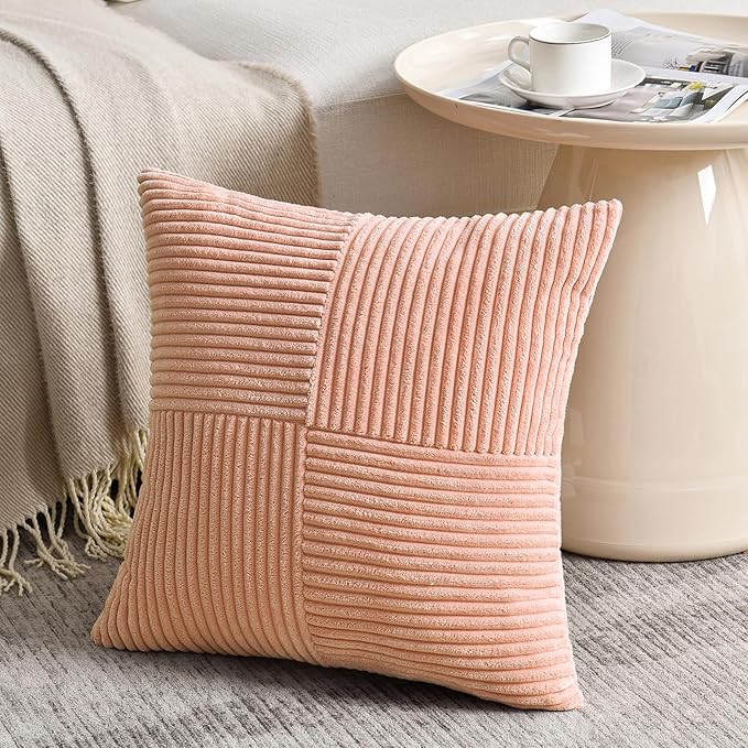 Fancy Homi 2 Packs Peach Big Decorative Throw Pillow Covers 24x24 Inch for Couch Bed Sofa, Rustic Farmhouse Boho Home Decor, Soft Corss Corduroy Patchwork Accent Square Cushion Case 60x60 cm