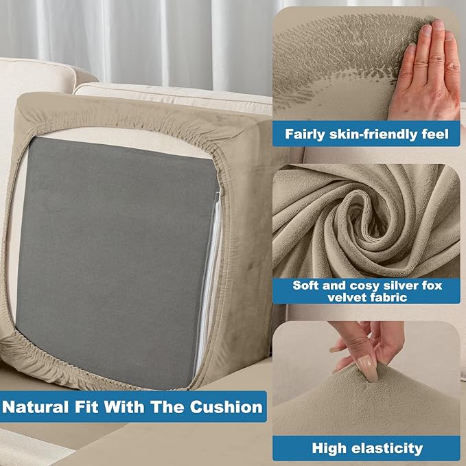 Couch Cover Stretch Velvet Sofa Cushion Cover 2-Piece - Elastic Washable Slipcover for Seat or Backrest, Couch Seat Covers for Sofas (Leather Brown)