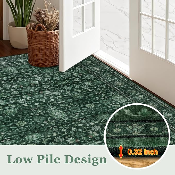 2x3 Area Rugs Living Room Rug: Washable Vintage Distressed Floral Rug No Slip Stain Resistant Soft Carpet Indoor Large Carpets for Bedroom Dining Room Farmhouse Nursery Hallway Home Office Deep Green