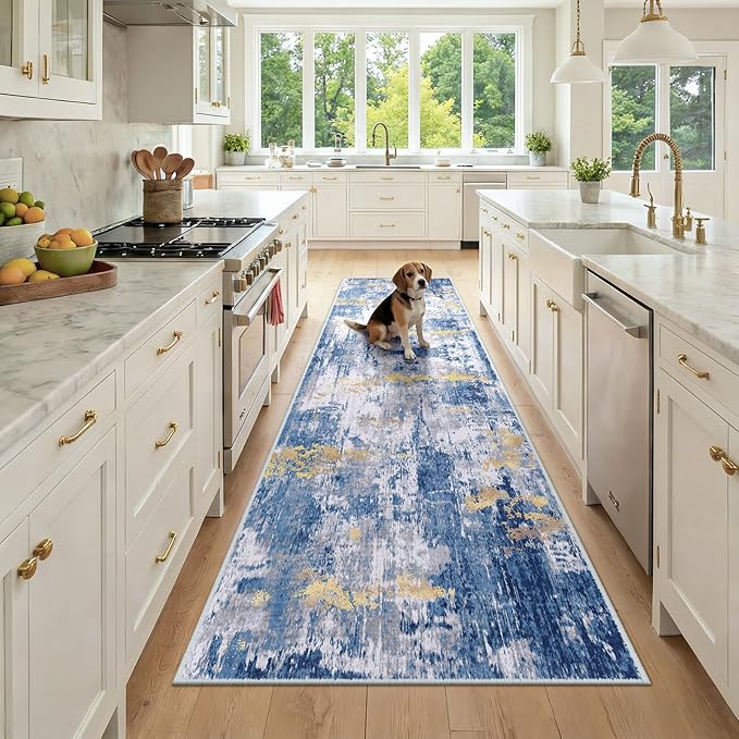 Washable Area Rugs 3x9 Non-Slip Modern Abstract Soft for Living Room Entryway Bedroom Nursery, Print Pattern, Grey Blue Gold/Golden