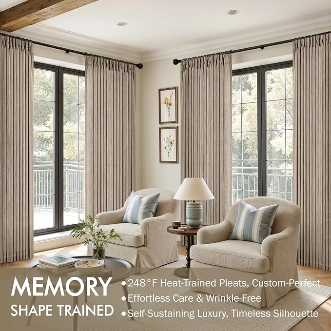 MIULEE Pinch Pleated Thick Linen Curtains 96 Inches Long 2 Panels for Living Room Bedroom, Memory Trained Pleat Drapes Light Filtering Grey Beige Semi Sheer Window Curtains Hooks Rings Back Tab