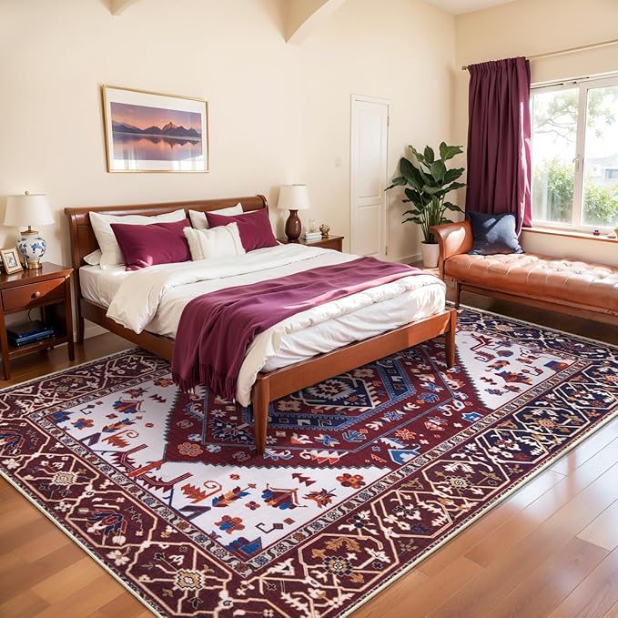 SERISSA 6x9 Area Rugs for Living Room, Large Washable Non-Slip Boho Rug, Ultra Soft Vintage Burgundy Navy Oriental Tribal Print Distressed Carpet for Dining Room Bedroom Dorm Office Home Decor