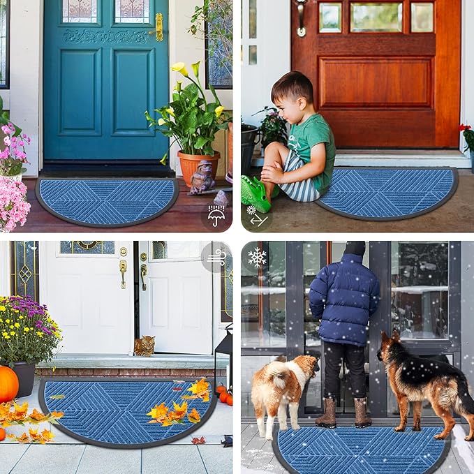 Smiry Half Circle Front Door Mat Outside Entrance, Heavy Duty Sturdy Natural Rubber Doormat, Trap Dirt and Moisture, Low Profile Mats for Indoor Outdoor Entry, Irregular Triangle (47x32, Blue)