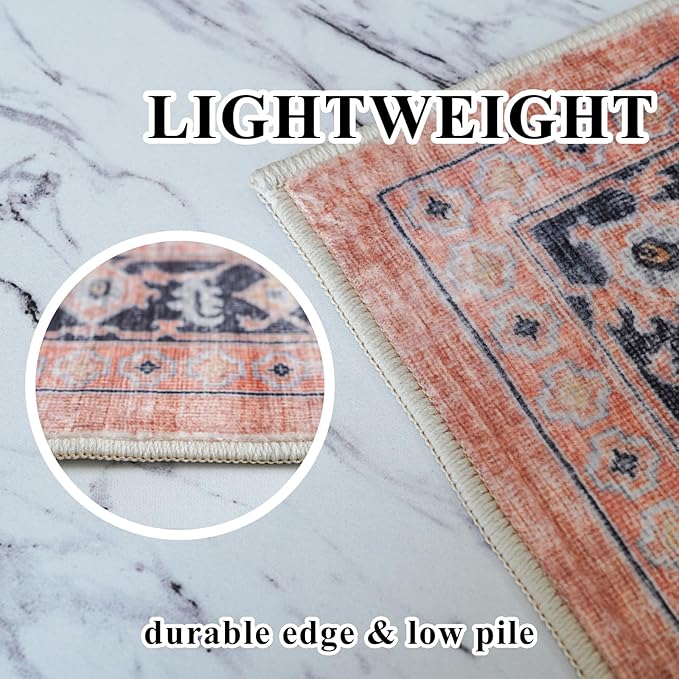 Washable 2x6 Hallway Runner Rug: Vintage Water Resistant Kitchen Entryway Rug Ultra Soft Living Room Bedroom Carpet Thin Non Slip Indoor Floor Mat for Bathroom Laundry (2 X 6,Orange)