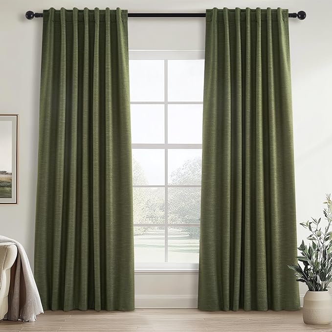 Topfinel Olive Green Linen Blackout Curtains 84 Inch Long for Living Room,Pinch Pleated Drape with Hooks Back Tab Boho Decor, Olive Forest Loden Full Black Out Curtains for Bedroom