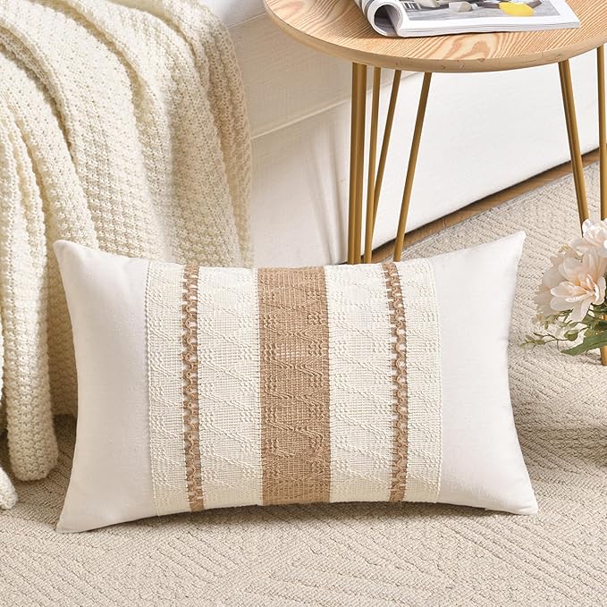 Fancy Homi Set of 1 Boho Neutral Long Lumbar Decorative Throw Pillow Cover 16x24 Inch for Couch Bed Sofa Chair, Modern Organic Farmhouse Home Decor, Soft Cotton Cute Accent Tan Rectangle Cushion Case