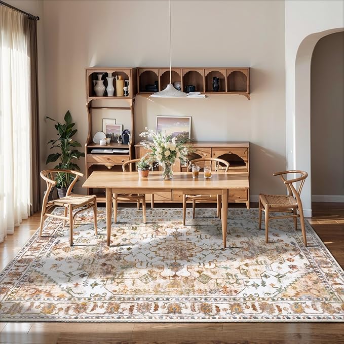 SERISSA Boho Area Rug 5x7 Peach Cream, Washable Large Rugs for Living Room, Ultra Soft Non-Slip Bedroom Rug Print Distressed Vintage Farmhouse Carpet Rug for Dining Room Dorm Office Home Decor