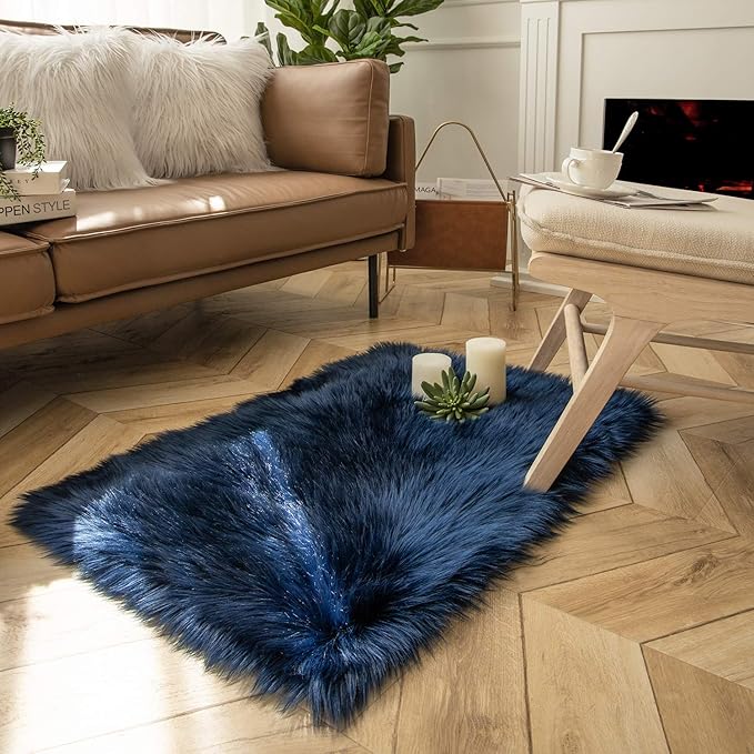 Ashler Faux Fur Rectangular Rug, Fluffy Shaggy 2 x 2.9 ft, Navy Blue, Ultra Soft, Machine Washable, Nursery to Living Room