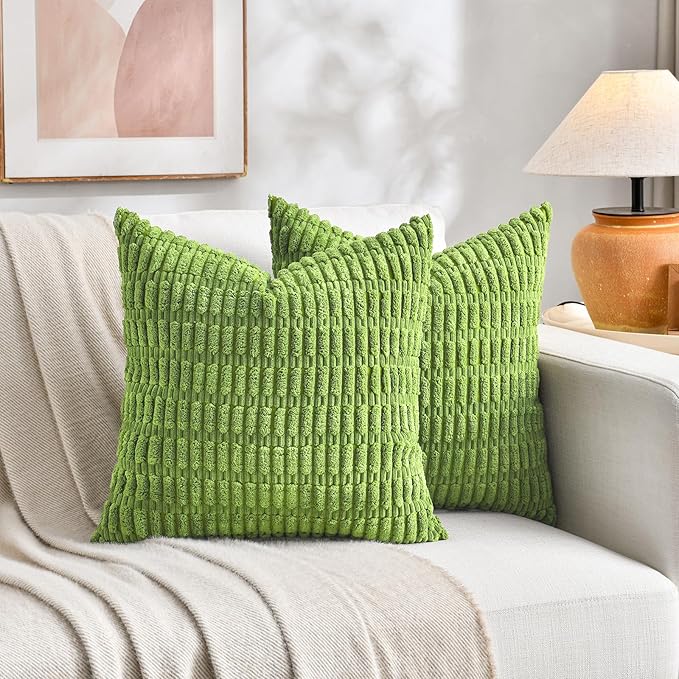 Fancy Homi 4 Packs Boho Lime Green Decorative Throw Pillow Covers 16x16 Inch for Couch Bed Sofa, Rustic Modern Farmhouse Home Decor, Soft Plush Corduroy Cute Square Cushion Case 40x40 cm