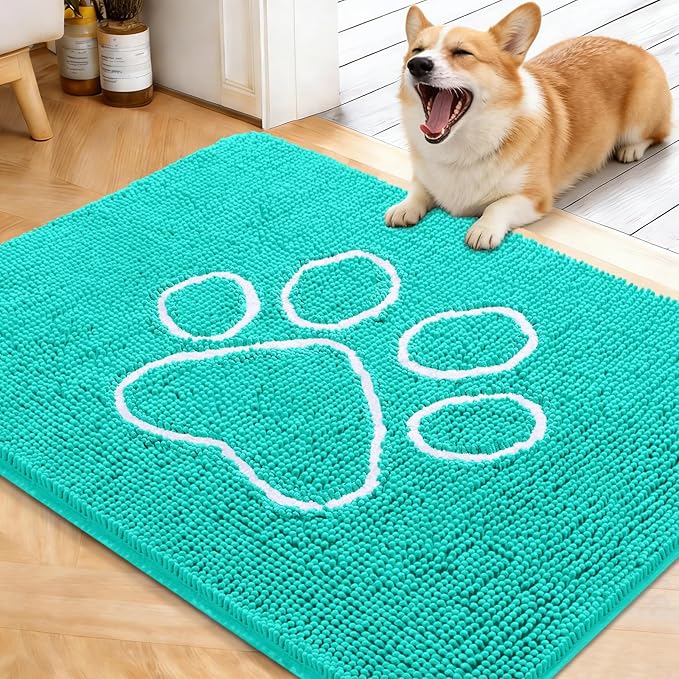 OLANLY Dog Door Mat for Muddy Paws 40x32, Paw Print Design, Absorbs Moisture and Dirt, Absorbent Non-Slip Washable Doormat, Quick Dry Chenille Mud Mat for Dogs, Entry Indoor Entryway Carpet, Teal