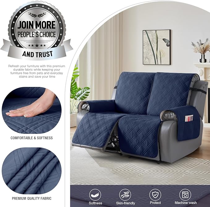 TAOCOCO 100% Waterproof Loveseat Recliner Cover, Non Slip Split Loveseat Covers for Reclining Loveseat with Elastic Straps, Washable Recliner Chair/Furniture Protector for Pets(2 Seater, Navy Blue)