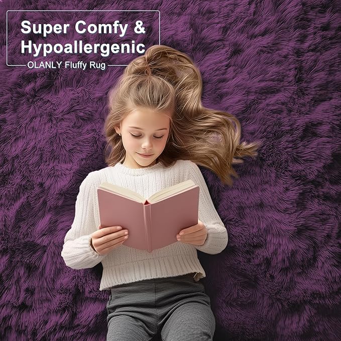OLANLY 2x8 Machine Washable Runner Rugs for Hallway, Soft Fluffy Shaggy Bedside Rugs for Bedroom, Living Room, Indoor Floor Carpet for Kids Girls and Boys, Home Decor Aesthetic, Dark Purple