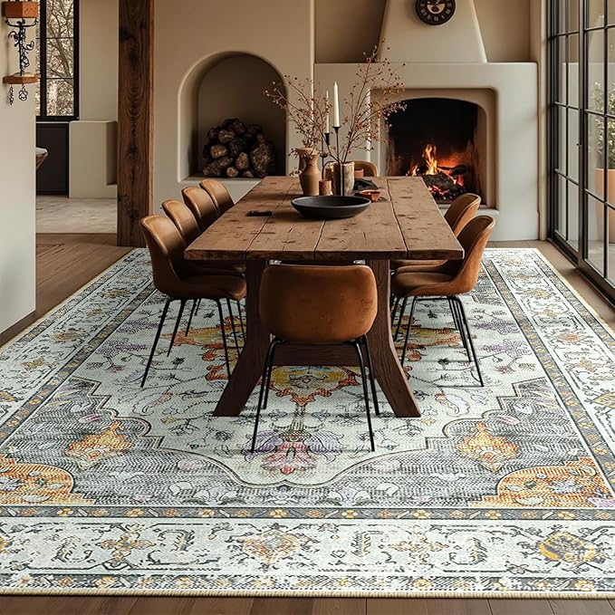 RELEANY Area Rugs 10'x12' Washable Non-Slip, Floral Vintage Distress Print Pattern Medallion Carpet for Living Room Bedroom Dining Room, Light Yellow Carbon Grey Orange