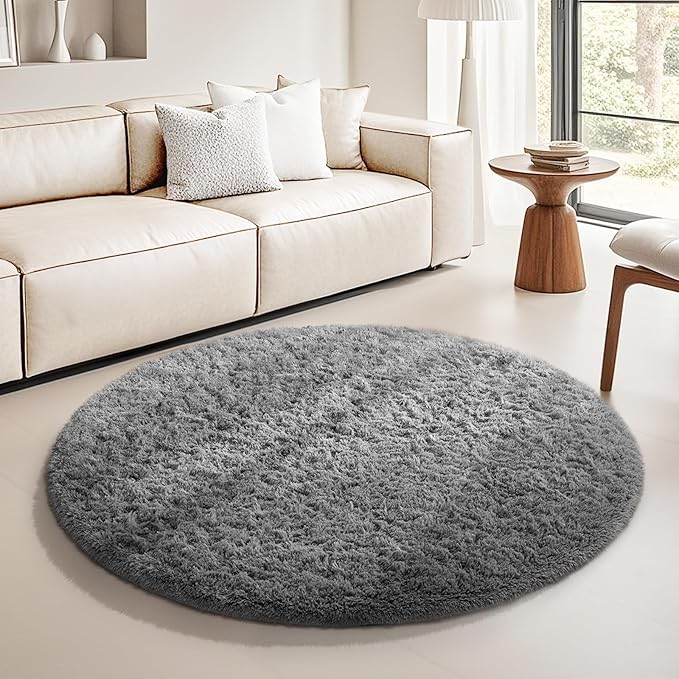 Ophanie Round Rug 5Ft Grey Circle Area Rugs, Fluffy Fuzzy Bedroom Carpet 5 Foot, Plush Shag Indoor Floor Gray Living Room Christmas Circular Aesthetic Decor for Kids Teen Boys Baby,Nursery, Classroom