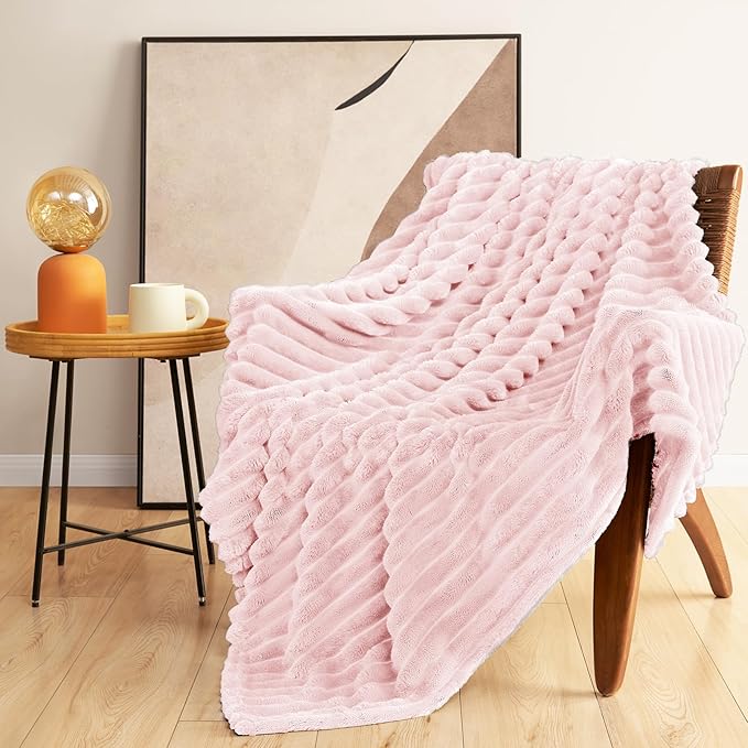 HIMEET Pink Ribbed King Size Blanket for Bed - 300GSM Lightweight Fleece Blanket for Men Women, Large Cozy Sofa Couch Bed Blankets Gifts, Striped Spring Home Room Decor, Pink, 108x90 Inches