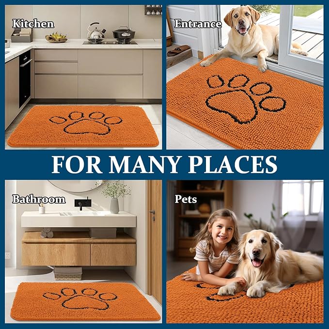 OLANLY Dog Door Mat for Muddy Paws 30x20, Paw Print Design, Absorbs Moisture and Dirt, Absorbent Non-Slip Washable Doormat, Quick Dry Chenille Mud Mat for Dogs, Entry Indoor Entryway Carpet, Clay