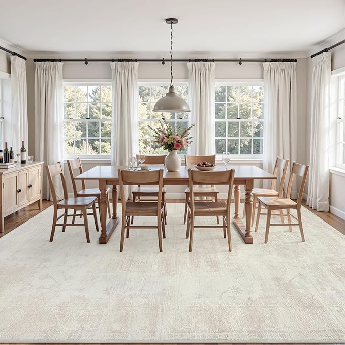 Area Rugs 9x12 Living Room: Vintage Boho Neutral Washable Rug Indoor Soft Large Area Rug Carpet for Bedroom Nursery Farmhouse Dining Room Office Floor Non-Slip Low Pile Under Table Rug Cream Beige