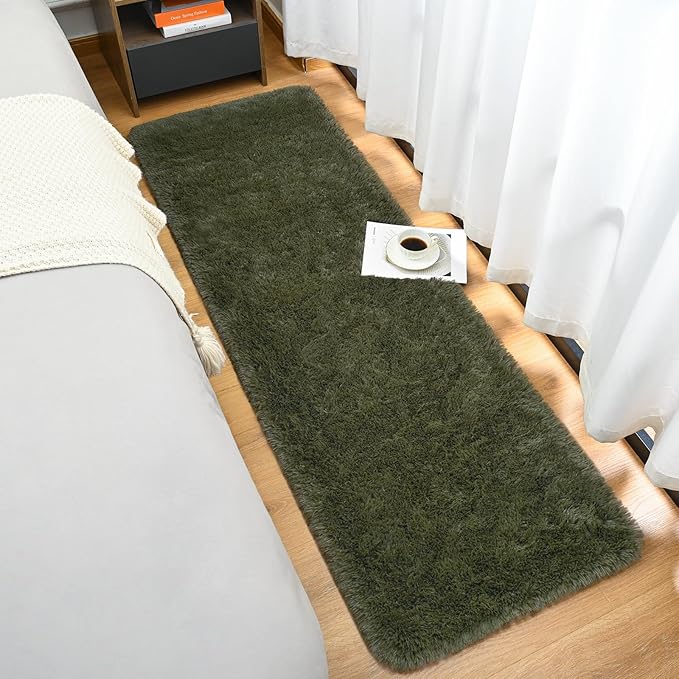 Goideal Fluffy Runner Rug for Bedroom Living Room, 2x6 Olive Green Bedside Rugs, Faux Fur Shag Modern Carpet Ultra Soft Girls Boys Room Home Decor, Solid