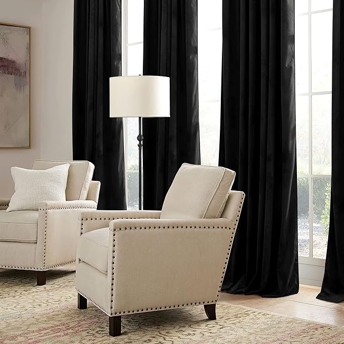 RYB HOME Velvet Blackout Curtains for Bedroom - Black Super Soft Room Darkening Thermal Insulating Window Drapes for Living Room Dining Backdrop, W 52 x L 90 inch, 2 Panels