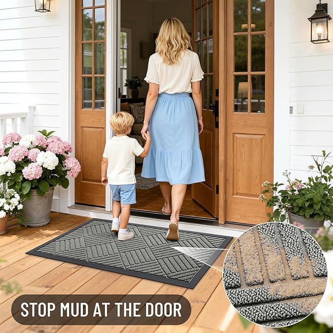 OLANLY Front Door Mat Outside Entrance 47x32, Absorbent, Heavy Duty Sturdy Natural Rubber Doormat Indoor Outdoor, Stain Fade Resistant, Non-Slip Low Profile Floor Mat for Entryway, Modern Gray Diamond