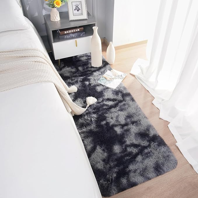 Chicrug Soft Runner Rugs for Bedroom Living Room Plush Fluffy Rug 2x8 Feet, Shag Furry Area Rug Carpet Non Shedding for Nursery Children Kids Girls Room Home Decorative, Grey and Black