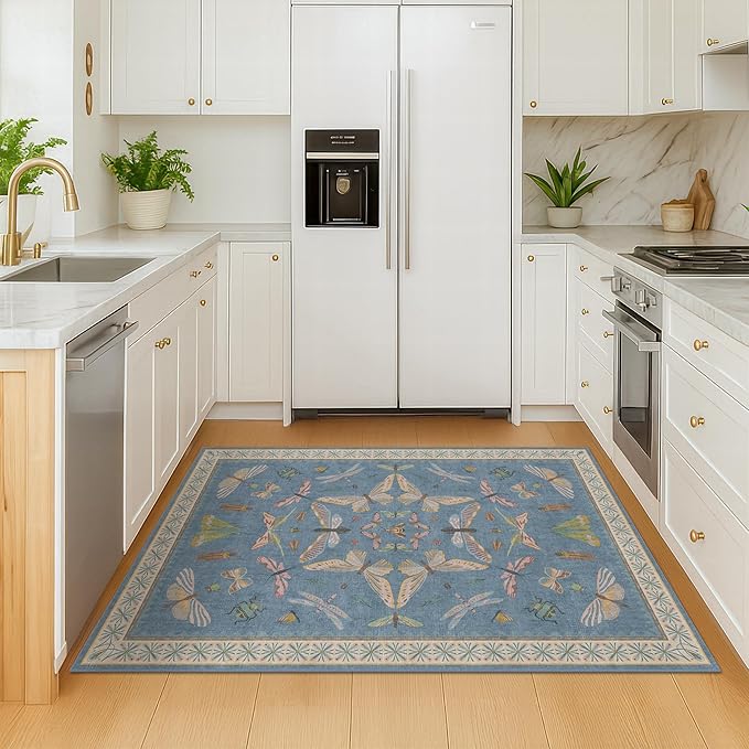 Hazo Haus Washable Blue Rugs for Bedroom Bedside - 3x4 Area Rug for Large Kitchen, Entrance Indoor, Boho Insect Print Bug Décor, Non Slip Low Pile Fade Resistant