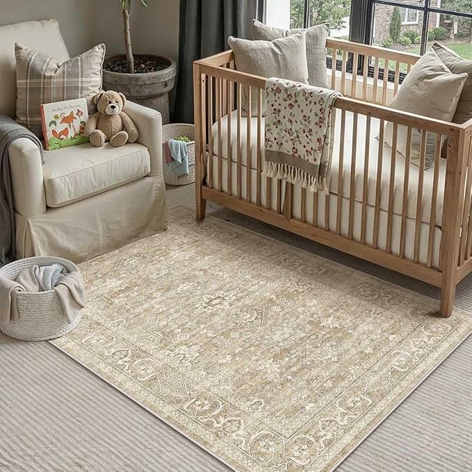 3x5 Washable Area Rug for Entryway Vintage Beige Non Slip Low Pile Carpet Traditional Retro Soft Throw Rug for Entrance Bathroom Door Mat Indoor Dorm Dining Room