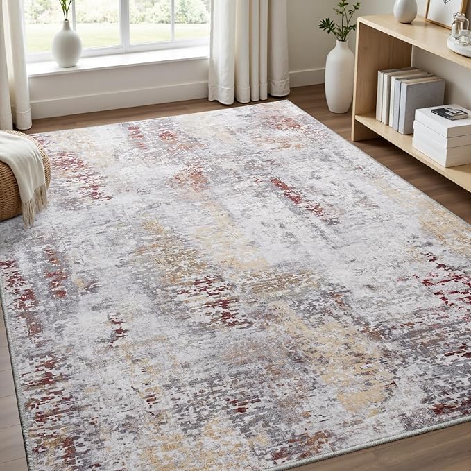 Toneed Abstract Area Rug Modern Washable Rug Soft Non Slip Rug Low Pile for Bedroom Living Room Dining Room Taupe Grey Brown 5x8 Feet