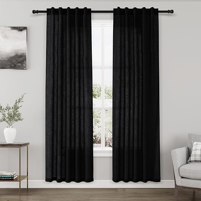 Black Linen Curtains 80 inches Long for Bedroom Back Tab Light Filtering Privacy Sheer Curtains Modern Farmhouse Coastal Decor Cotton Textured Gauze Curtain 2 Panel Set 38x80 for Living Room