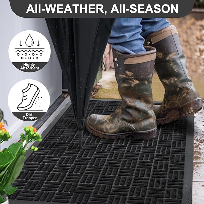 Mibao Front Door Mat, Heavy Duty Durable Welcome Mat for Outdoor Indoor, Dirt Trapper Waterproof Super Absorbent Door Mat for Entryway Outside Patio Porch, 73" x 46", Black