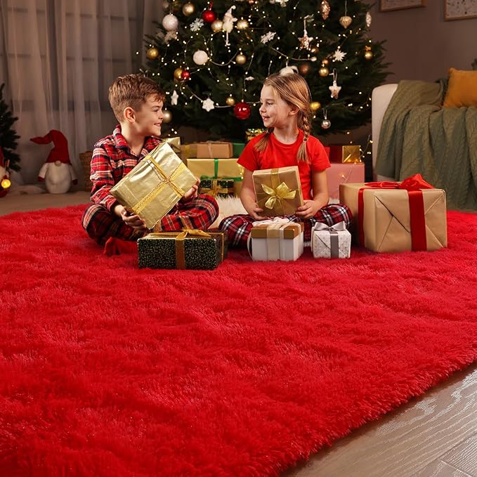 Amearea Premium Soft Fluffy Rug Modern Shag Carpet, 9x12 Feet, Fuzzy Shaggy Rugs for Bedroom Living Room Teen Apartment Decor, Comfortable Indoor Furry Dorm Carpets, Red
