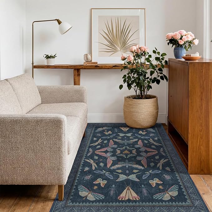 Blue Rugs for Bedroom - 4x6 Washable Area Rug for Large Entryway, Living Room, Kitchen Floor, Dark Whimsical Home Décor, Vintage Low Pile & Soft Non Slip Carpet