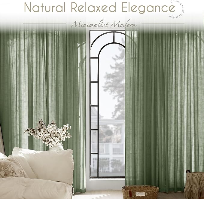 Olive Green Curtains 120 inch Length 2 Panels for Bedroom Back Tab Light Filtering Semi Sheer Drapes Linen Cotton Textured Airy Modern Farmhouse Living Room Sage Aesthetic Decor 52x120