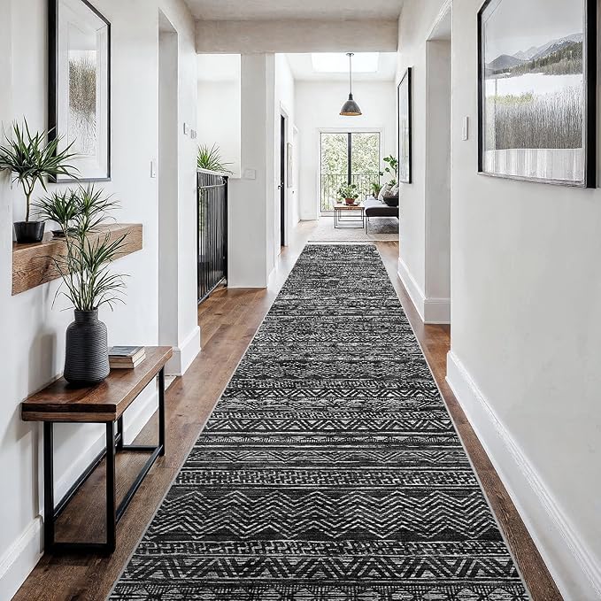 3x18 Washable Kitchen Runner Rug: Modern Moroccan Runners for Hallway Soft Non Slip Rugs with Rubber Backing Low Pile Thin Waterproof Floor Carpet for Entryway Bedroom Bathroom Indoor 3x18 Black