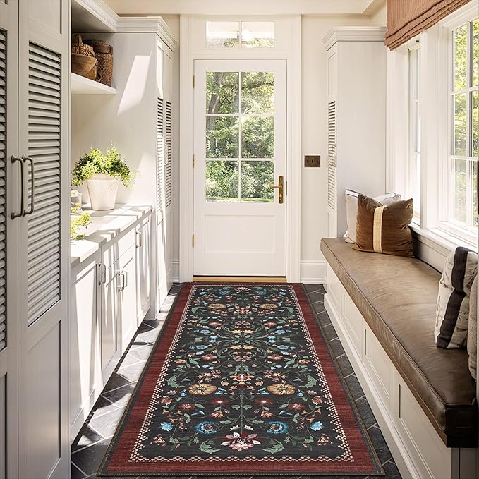 GarveeHome Floral Rug 2.5x8 Runners for Hallways, Boho Kitchen Runner Rugs Non Slip Bath Runners, Vintage Washable Runner Rug for Bedroom, Soft Long Rugs for Entryway Bathroom Laundry Dorm, Red