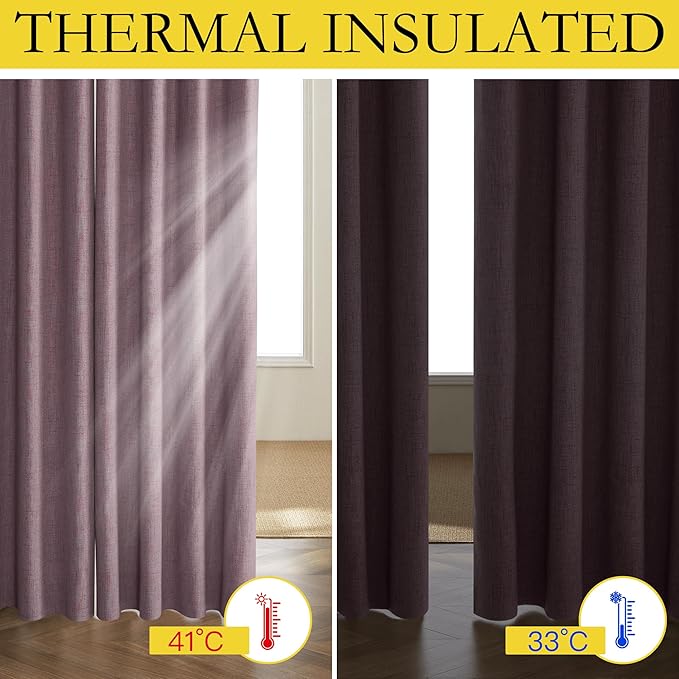 NICETOWN Chaise Mauve Vintage Linen 100% Blackout Curtains for Living Room, Thermal Insulated Curtains 48" Long, Noise Reducing Window Treatment Drapes for Hall Room, 52" Wide Per Panel, Set of 2
