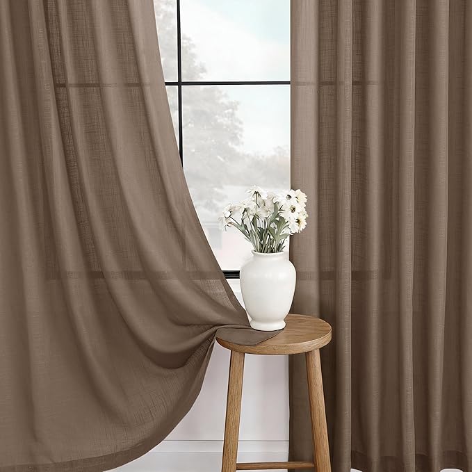 Chocolate Brown Linen Curtain 102 inch Length 2 Panels Back Tab Light Filtering Living Room Curtain Drapes Home Office Modern Minimalist Decor Farmhouse Boho Neutral Semi Sheer Curtain 102 inch Long