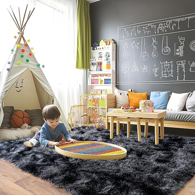 Pionblank 8x10 Rug for Living Room, Fuzzy Plush Large Area Rug, Fluffy Modern Shag Non Slip Soft Furry Carpet for Bedroom Kids Room Nursery Teens Dorm Home Decor, Dark Grey