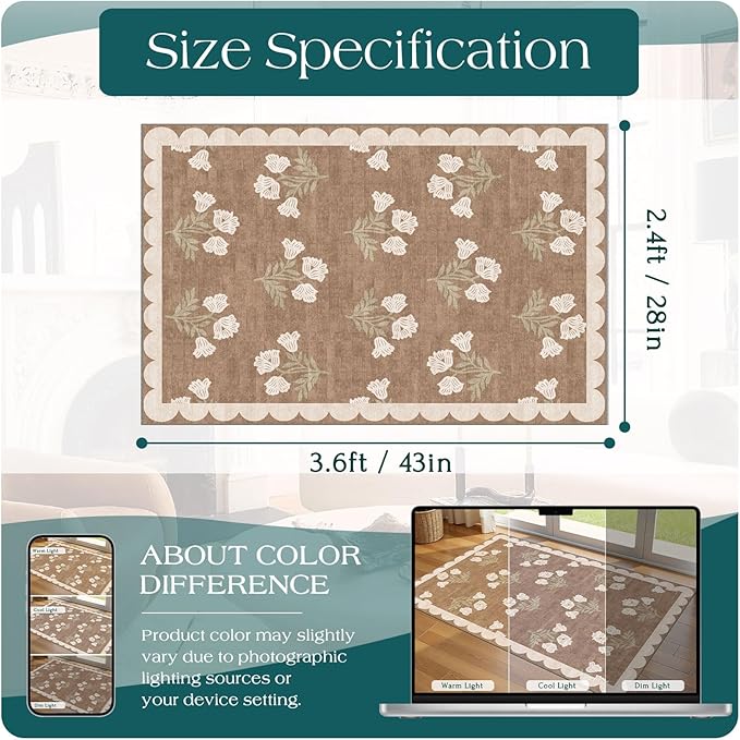 Floral Outdoor Rug - 28" x 43" Spring Front Door Mat Indoor Outside Entrance Non-Slip Washable Outdoor Mat Tan Boho Neutral Farmhouse Throw Rugs for Entryway Kitchen Bedroom Front Porch Decor