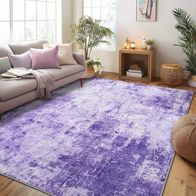 Washable Area Rugs 6'x9' Non-Slip Modern Abstract Soft for Living Room Entryway Bedroom Nursery, Print Pattern, Purple Gray Pink White