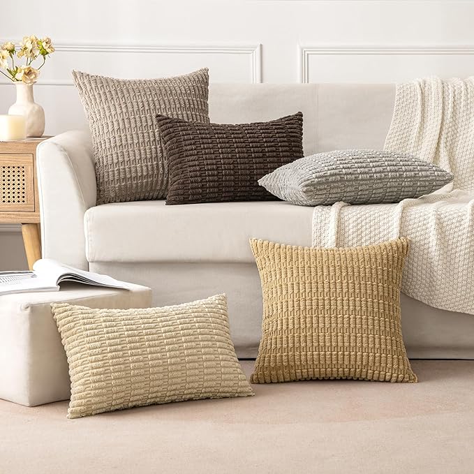 MIULEE Pack of 2 Corduroy Decorative Throw Pillow Covers 16x16 Inch Soft Boho Striped Pillow Covers Modern Farmhouse Home Decor for Sofa Living Room Couch Bed Tan